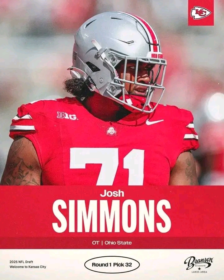 The Kingdom’s Newest Protector Has Arrived: With the 32nd Pick in the 2025 NFL Draft, the Kansas City Chiefs Select Offensive Tackle Josh Simmons to Shield Patrick Mahomes and Anchor the Trenches for Years to Come