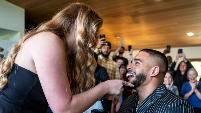 Detroit Lions draft pick Ahmed Hassanein proposes after being selected